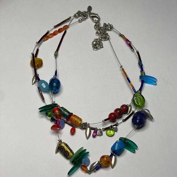Chico's multi colored bohemian necklace signed costume jewelry blue green beads - Picture 4 of 15